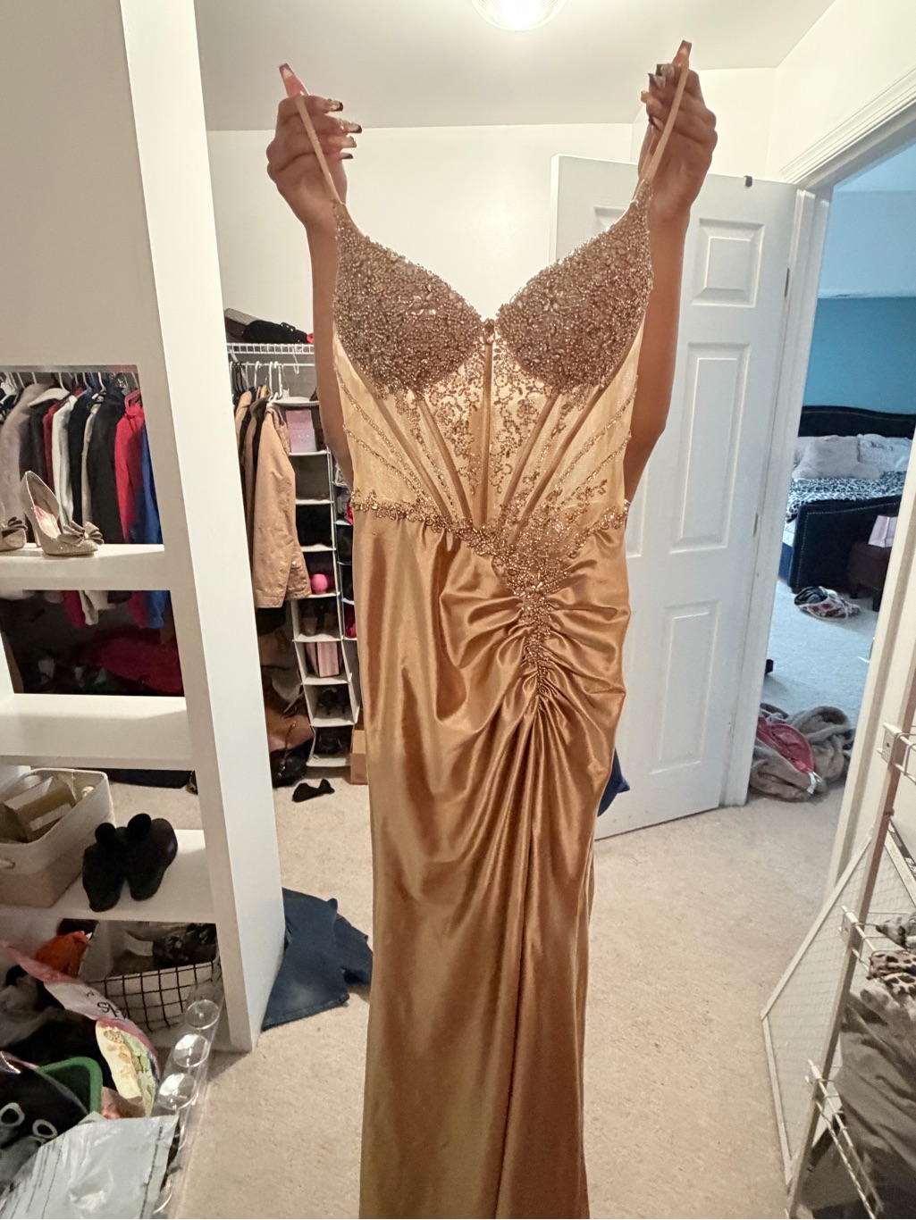 Gold/Champagne Satin Prom Dress - Elegant Prom Gown